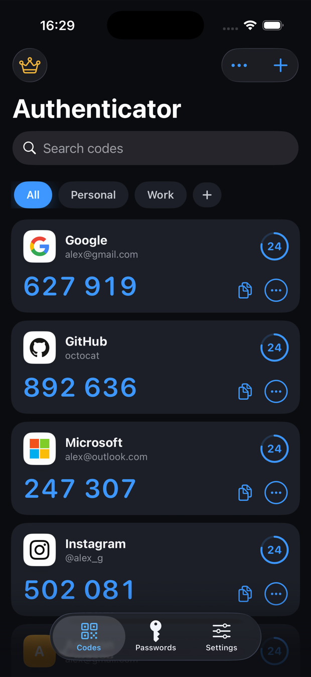 Moat showing live two-factor authentication codes for Google, GitHub, Microsoft and Instagram